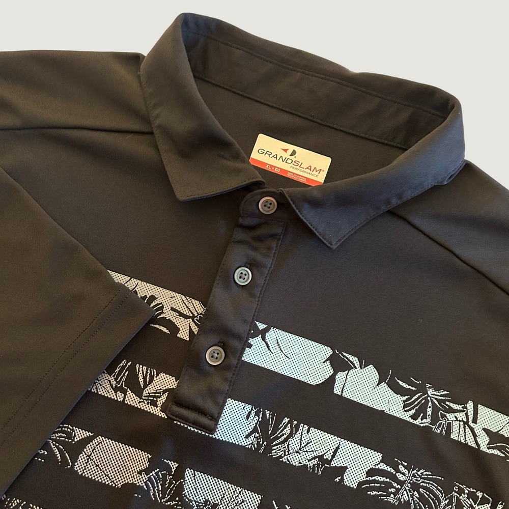 Grand Slam Performance Mens XL Black Tropical Leaf Stripe Short Sleeve Golf Polo